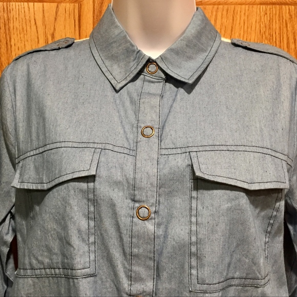 Jealous Tomato Utility Jacket/Top Ivory Lace Back Snap Front Blue Small - Picture 6 of 9